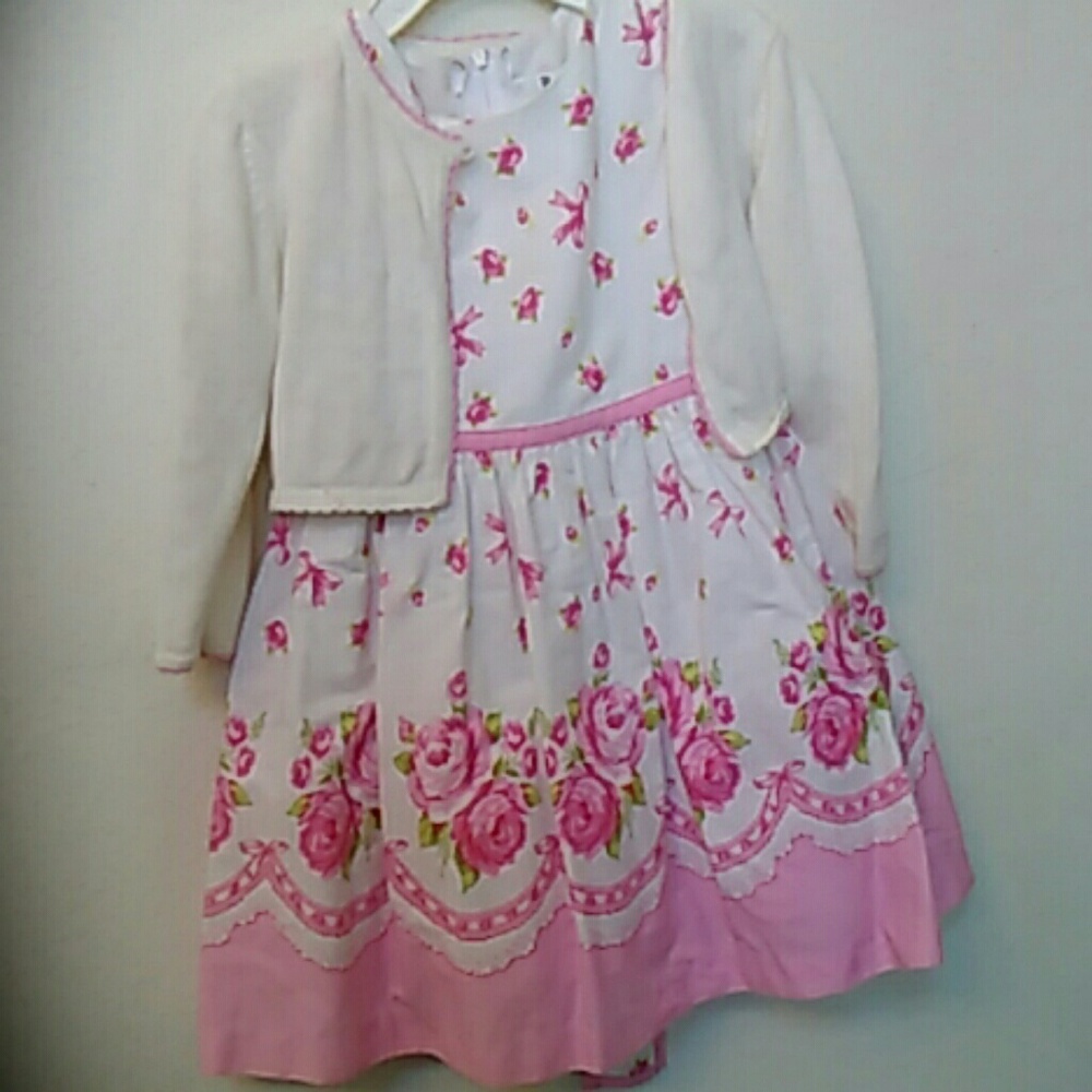 Girls Floral Pink & White Dress w/ Mini Cardigan